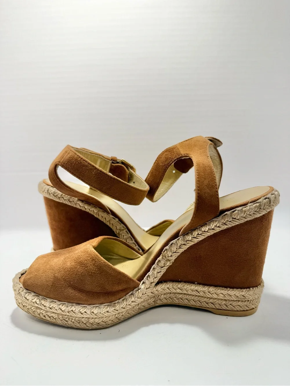 Stuart Weitzman Cognac Suede Espadrille Wedge Sandals Women’s Size 6.5